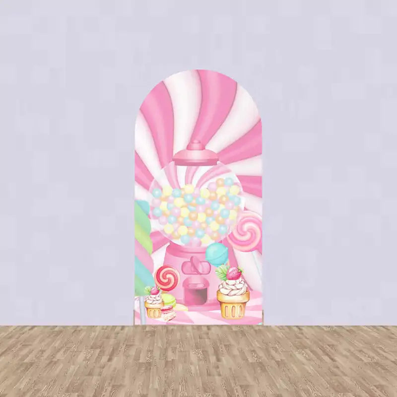 Right panel showing a pink gumball machine, candy swirls, and cupcakes—perfect for sweet shop birthday parties or dessert table backdrops.