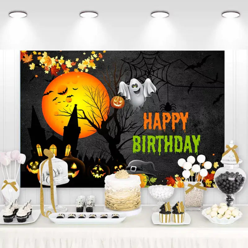 Halloween birthday party backdrop featuring a haunted house, glowing orange full moon, ghost, jack-o’-lanterns, bats, and spider webs – perfect for spooky-themed celebrations.