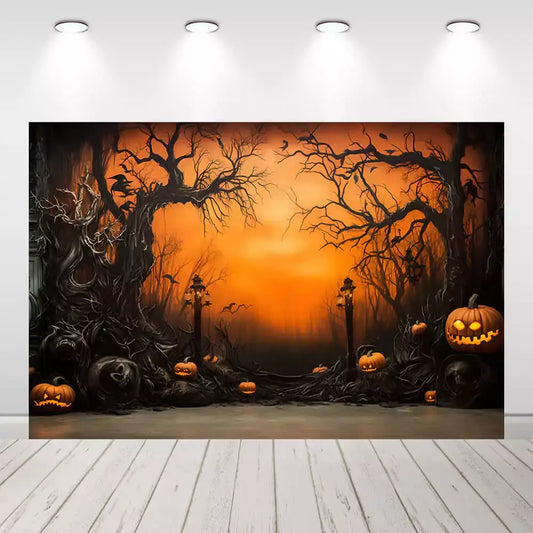 Spooky Halloween backdrop featuring glowing jack-o’-lanterns, twisted trees, and eerie fog in an orange-lit haunted forest – perfect for party decor and photo ops
