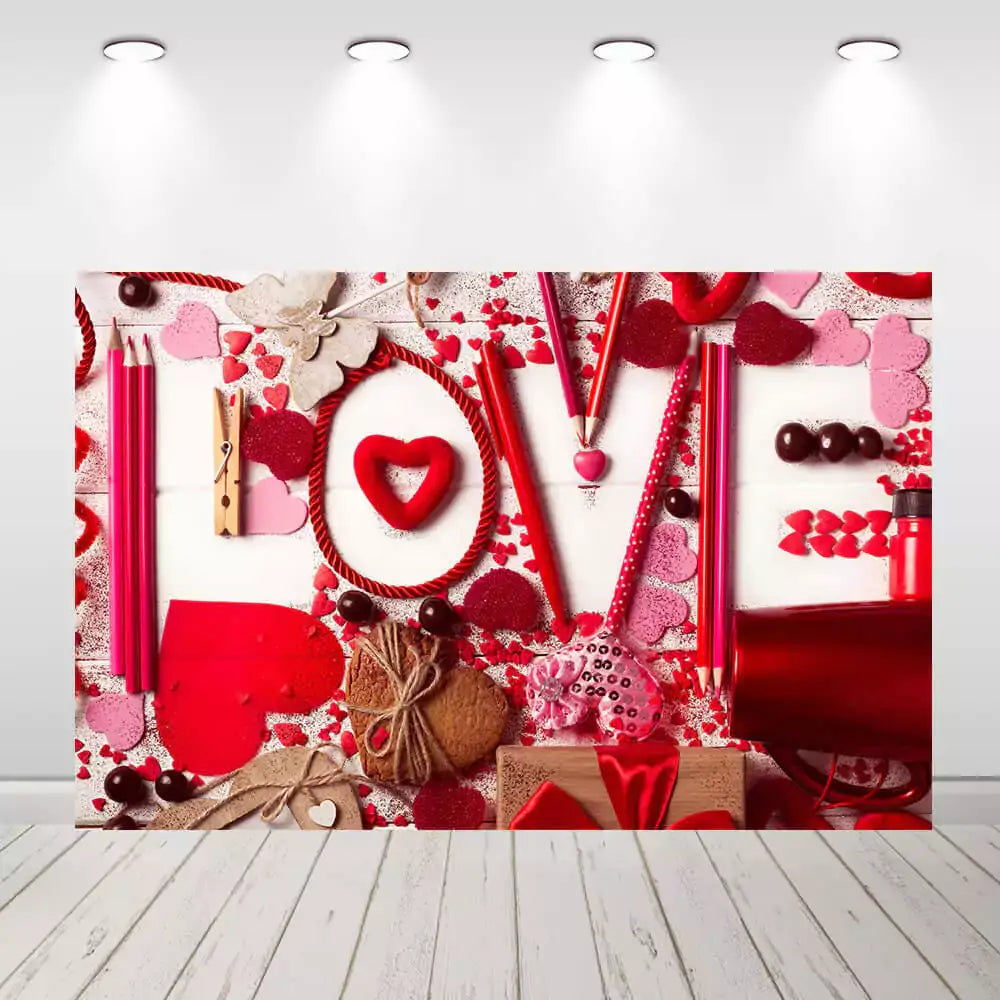 Collage-style Valentine’s backdrop with handmade elements like ribbons, chocolates, paper hearts, and gifts spelling the word LOVE