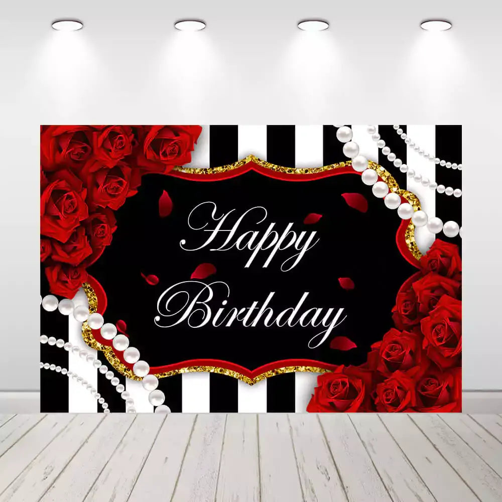 Luxury Happy Birthday backdrop with vintage-style pearls, roses, and classic striped background – great for adult birthdays or upscale events