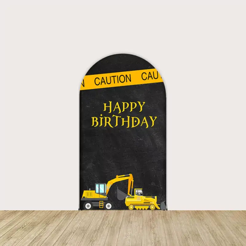 Center panel with yellow “Happy Birthday” text, caution tape, bulldozer, and digger on a black background—perfect for truck party centerpiece.