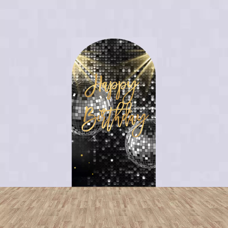 Center arch with “Happy Birthday” text in gold script, silver disco balls, and black reflective background—ideal for dance party celebrations.