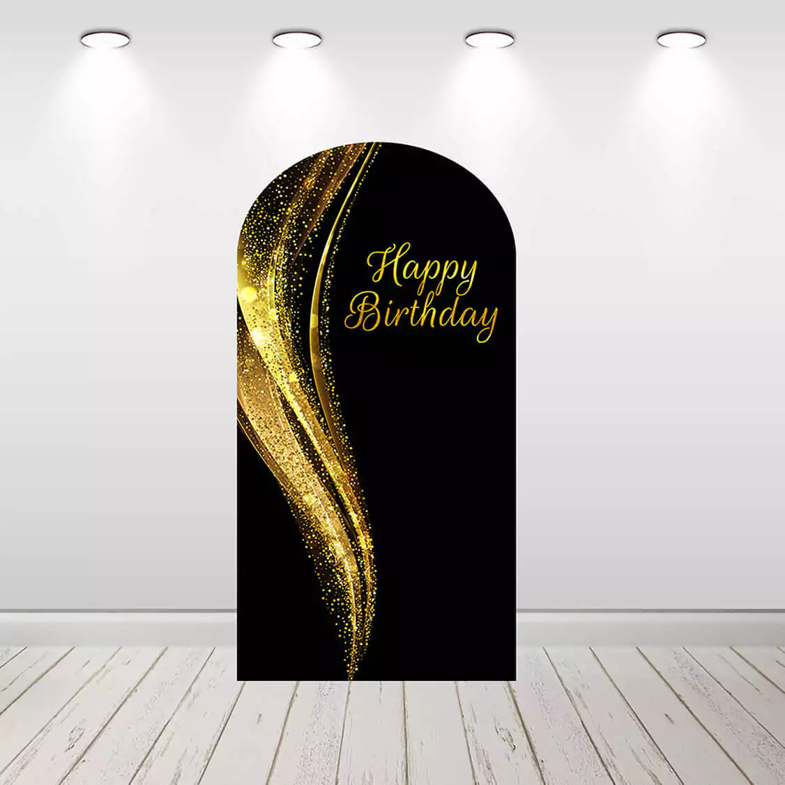 Center panel with “Happy Birthday” in gold script over a dramatic gold swirl on black—perfect for the focal point of birthday party decor.