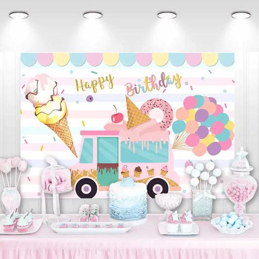 Ice cream truck birthday banner with pink, yellow, and blue colors, featuring ice cream cones, a donut, and balloons – ideal for a fun birthday celebration."