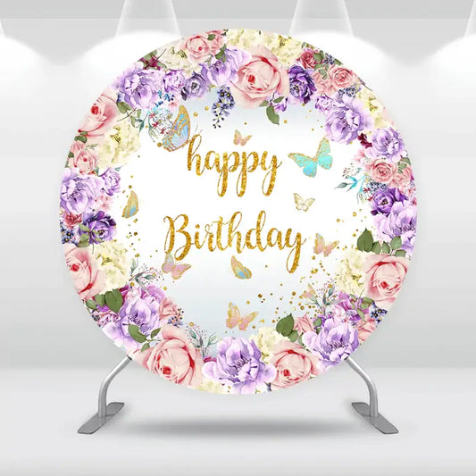 Happy birthday backdrop with colorful flowers and butterflies for party decor.