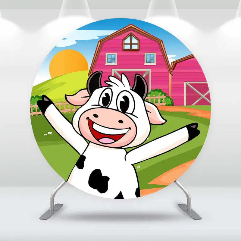 Cheerful cartoon cow party decoration with pink barn and sunny background.