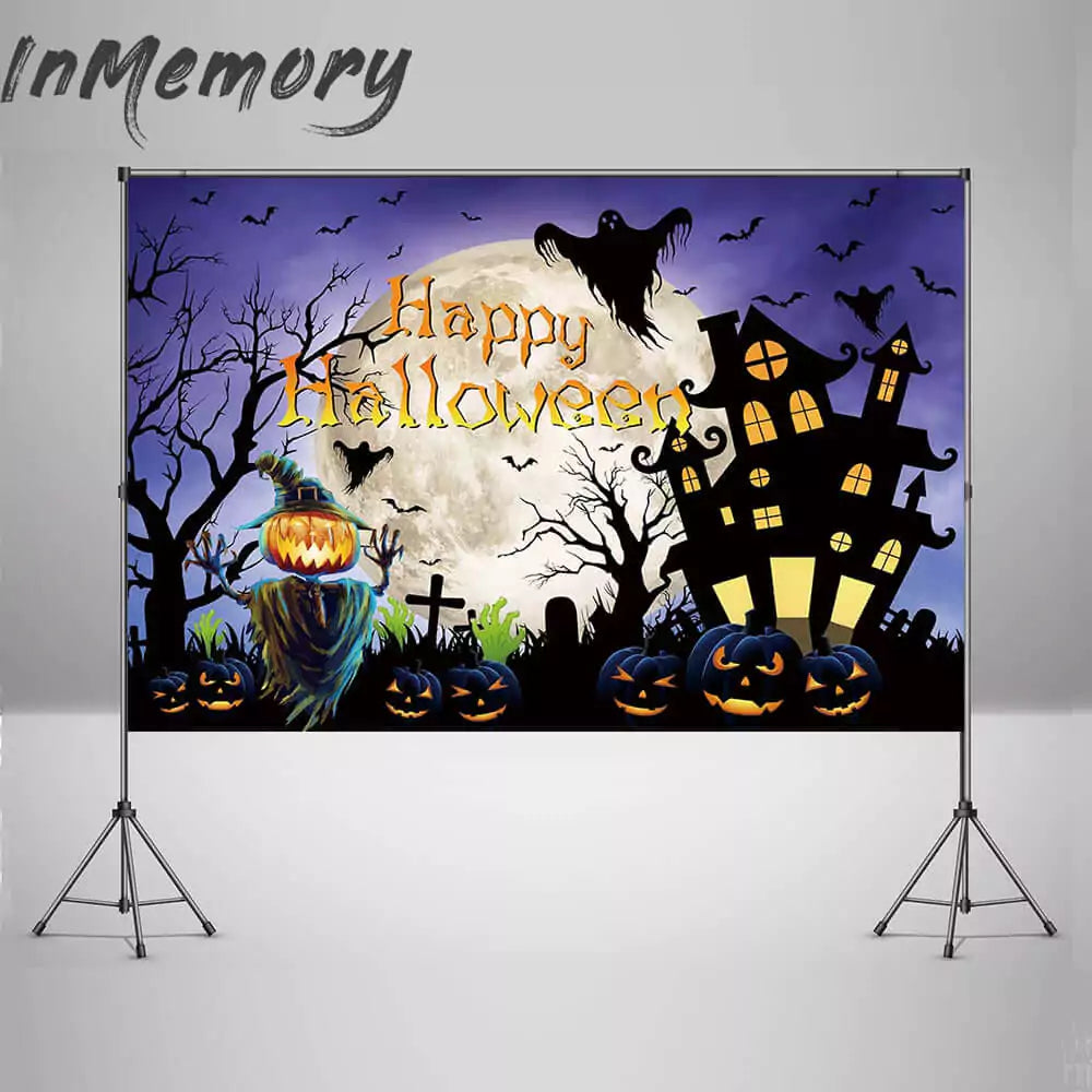 Spooky Halloween scene featuring haunted mansion, eerie trees, and glowing pumpkins
