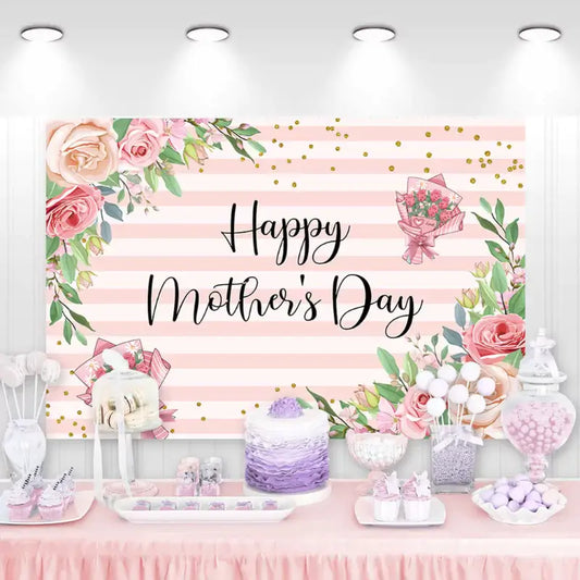 Pink and white striped background with floral accents and ‘Happy Mother’s Day’ text