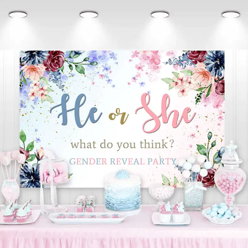 He or She gender reveal party backdrop with watercolor floral design in pink and blue, gold accents, and elegant script text – perfect for baby gender reveal events.