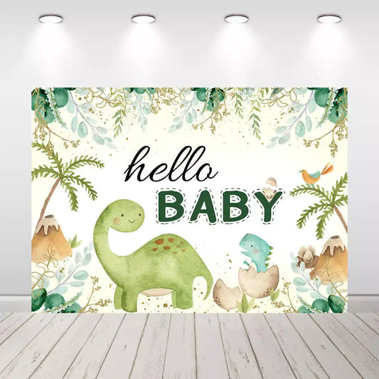 Watercolor dinosaur baby shower backdrop with greenery, hatching baby dino, palm trees, and 'Hello Baby' text – perfect for gender-neutral baby celebrations