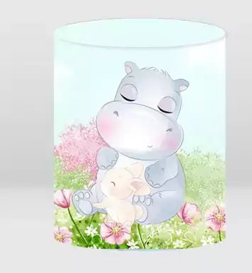 cute hippo backdrop cylinder cover holding a toy in floral background
