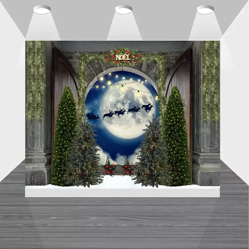 Santa flying across moonlit sky backdrop with garland arch, Christmas trees, and NOEL sign – perfect for holiday events, photos, or dessert table display