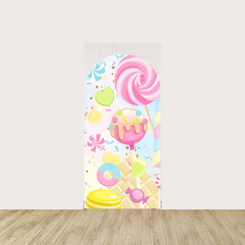 Candy-inspired design with lollipops, macaroons, and various sweets in pastel hues, adding a playful and whimsical touch.