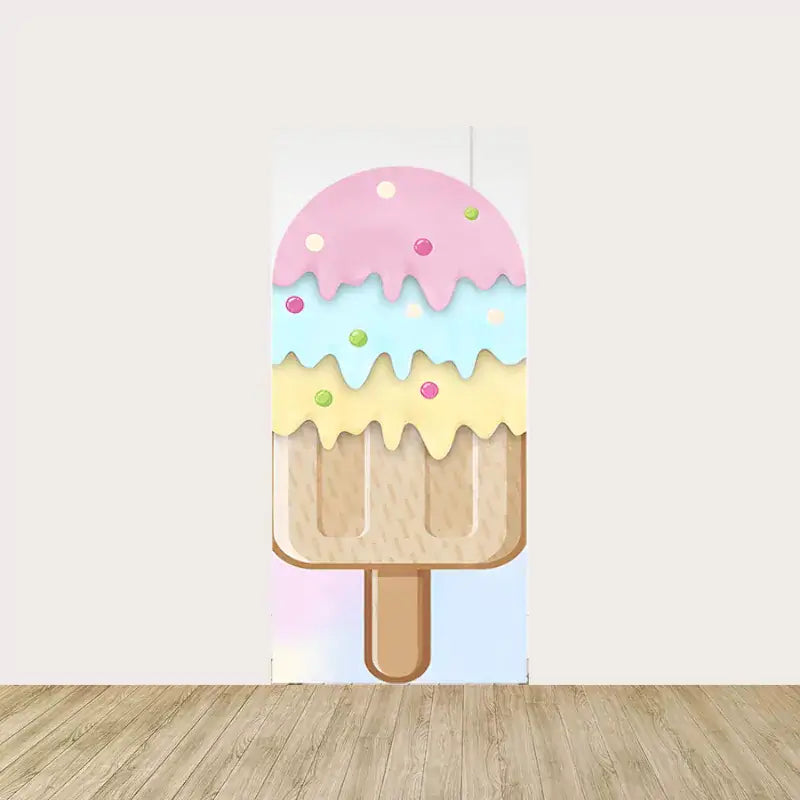 Arch backdrop featuring a pastel ice cream bar topped with sprinkles and a colorful candy design—ideal for birthday party photo setups.