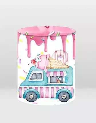colorful ice cream truck backdrop cylinder cover with pink icing drip