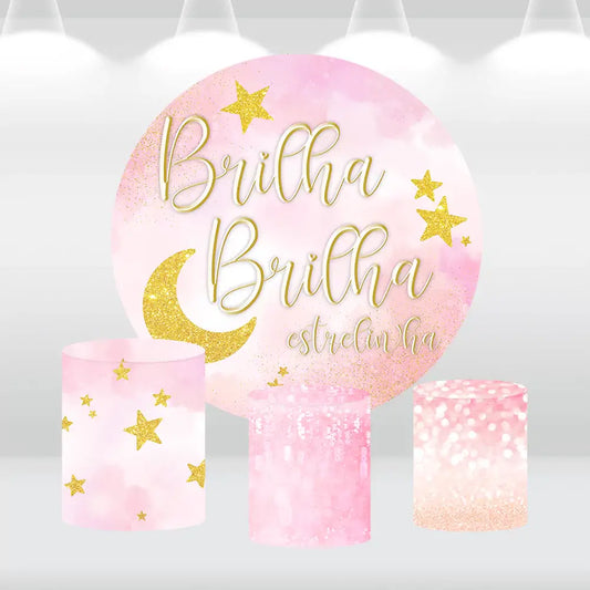 Twinkle Little Star Baby Shower Round Backdrop Pink Clouds Girl Welcome Party Decor Newborn Photography Circle Background Banner Cylinder Covers