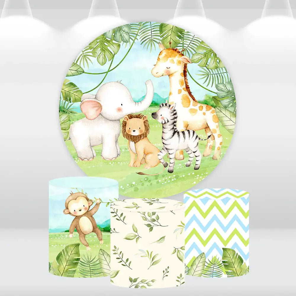 Safari Birthday Decorations for Boy Round Backdrop Cover Jungle theme Party Supplies Background Cartoon Animals Arch Wall
