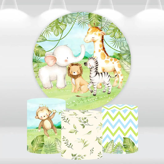 Safari Birthday Decorations for Boy Round Backdrop Cover Jungle theme Party Supplies Background Cartoon Animals Arch Wall