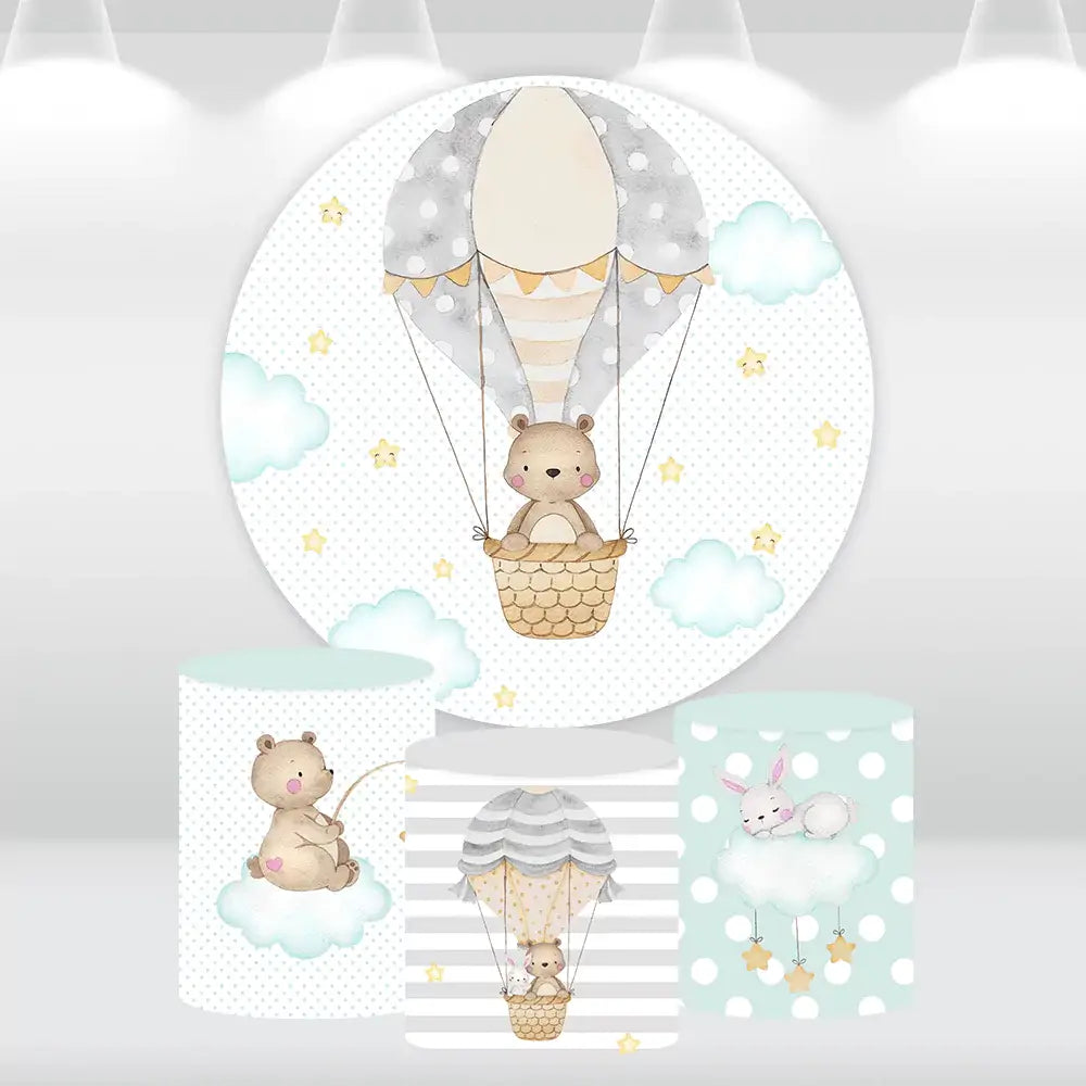 Hot Air Balloon Bear Round Backdrop Cover We Can Bearly Wait Baby Shower Decoration Girl Boy Birthday Party Green Photography Background Banner