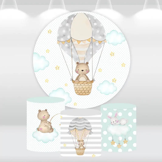 Hot Air Balloon Bear Round Backdrop Cover  We Can Bearly Wait Baby Shower Decoration Girl Boy Birthday Party Green Photography Background Banner