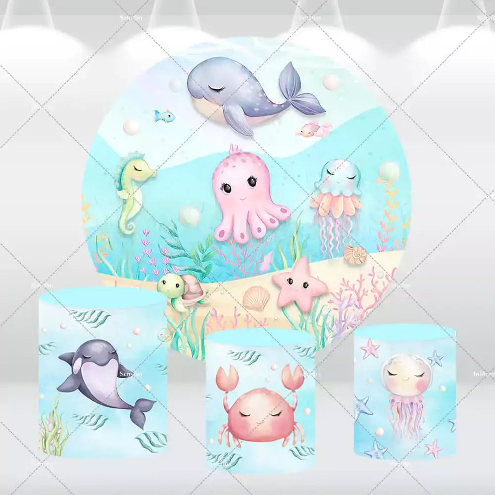 Underwater World Shark Fish Round Circle Backdrop for Photography Sea Ocean Dolphin Newborn Baby Birthday Party Background Decor Photo Studio
