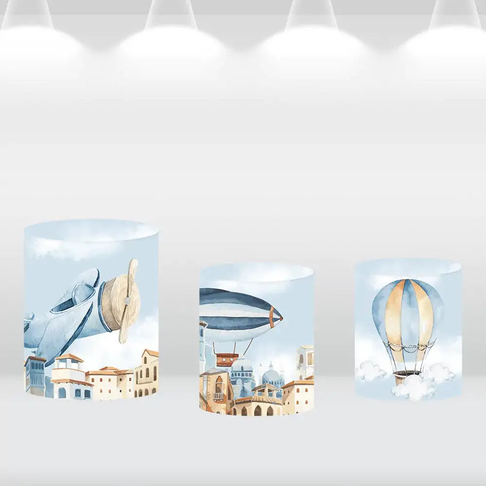 Baby Shower Decoration Airplane Bear Round Backdrop Cover Vintage Hot Air Balloons Cake Table Cylinder Covers Photo Background