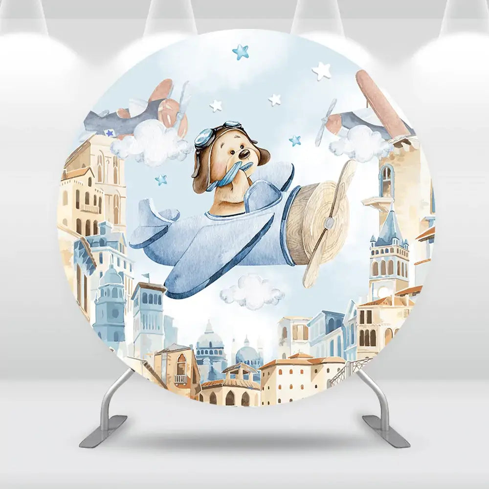Baby Shower Decoration Airplane Bear Round Backdrop Cover Vintage Hot Air Balloons Cake Table Cylinder Covers Photo Background