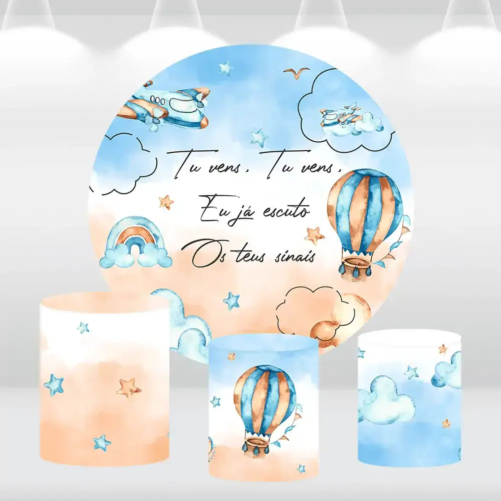 Welcoming Baby Circle Round Backdrop Cover Blue Hot Air Balloons Newborn Kids 1st Birthday Photography Background Cylinder Cover