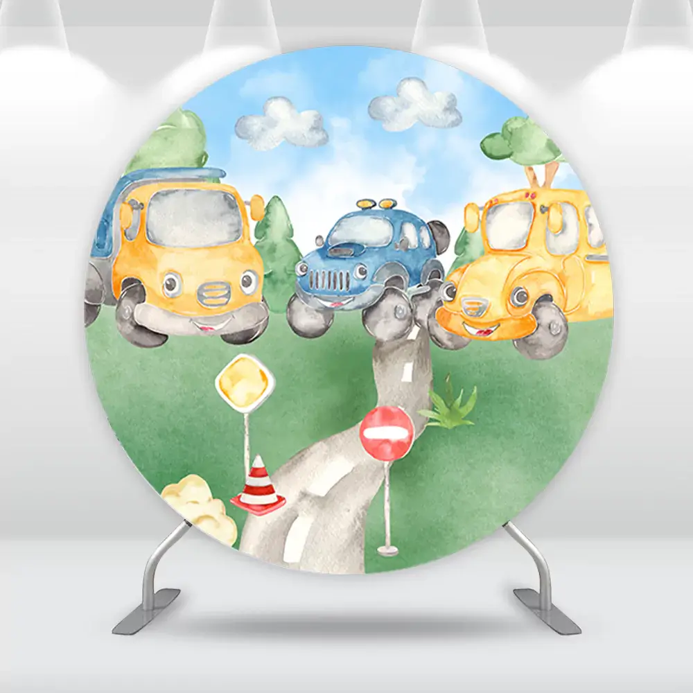 Boy Birthday Decorations Cars Party Banner Supplies Cute Truck Round Backdrop Cover Circle Photography Background Polyester
