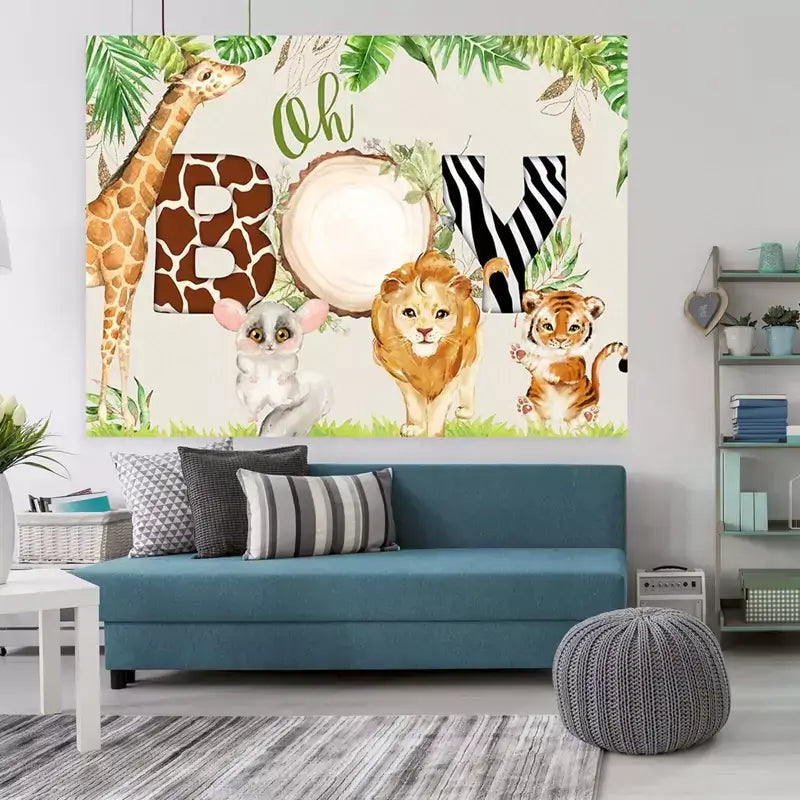 Jungle-themed baby shower backdrop with ‘Oh Boy’ text, animal print letters, cute safari animals, and tropical leaves – ideal for a boy’s baby shower.