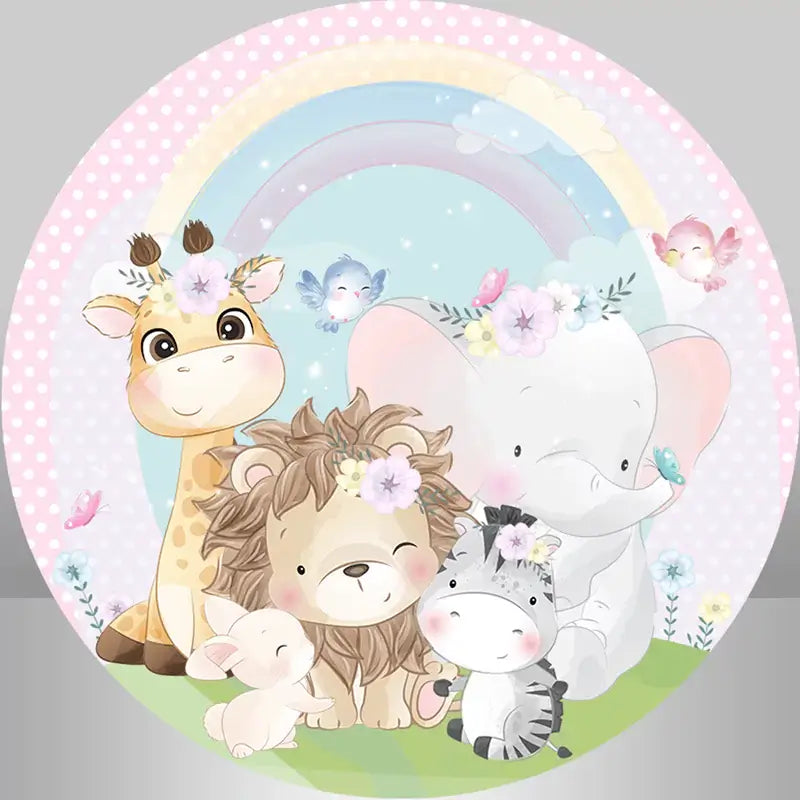 Adorable round party banner with smiling safari animals, soft rainbow, floral crowns, and pink border – ideal for baby girl celebrations and photo booths