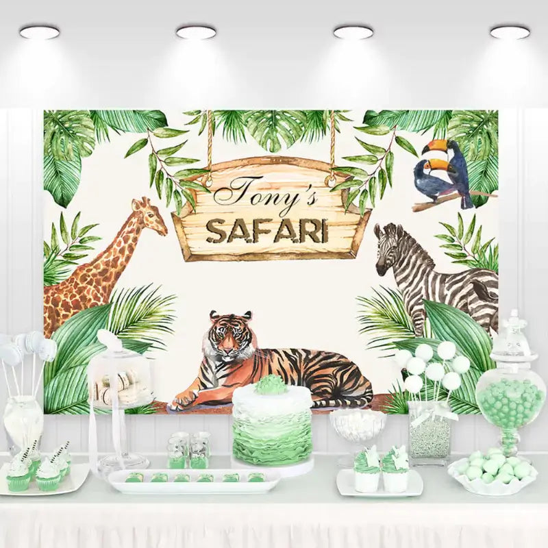 Personalized safari jungle birthday backdrop with tiger, giraffe, zebra, and tropical greenery – custom party banner perfect for jungle animal-themed celebrations