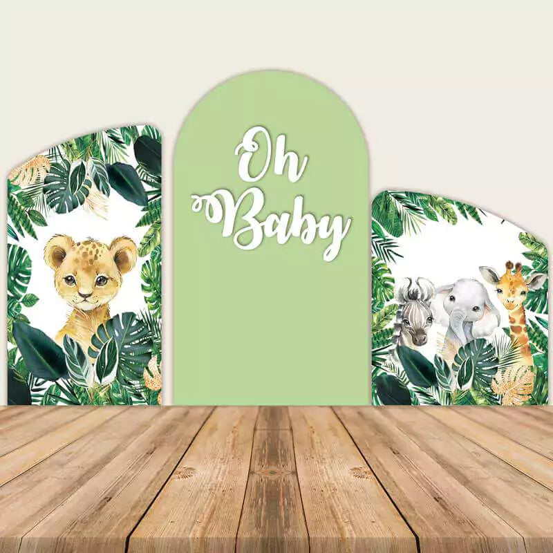 Safari-themed baby shower backdrop set with cute jungle animals, tropical leaves, and 'Oh Baby' text, ideal for a safari or jungle-themed baby shower.