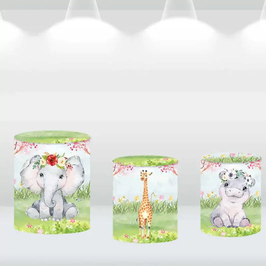 Three jungle baby animal backdrop cylinder covers with elephant, giraffe, and hippo designs