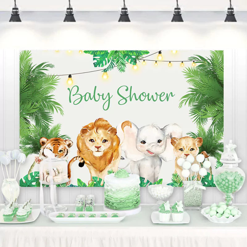 Jungle baby shower backdrop with cute safari animals including lion, tiger, elephant, and cub, surrounded by tropical leaves and string lights – perfect for gender-neutral baby showers