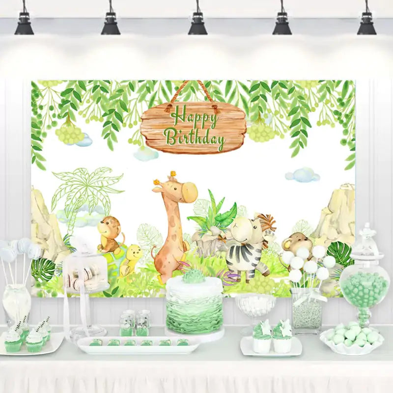 Jungle theme birthday party banner with cartoon giraffe, zebra, monkey, and green foliage – perfect forest animal backdrop for birthday celebrations