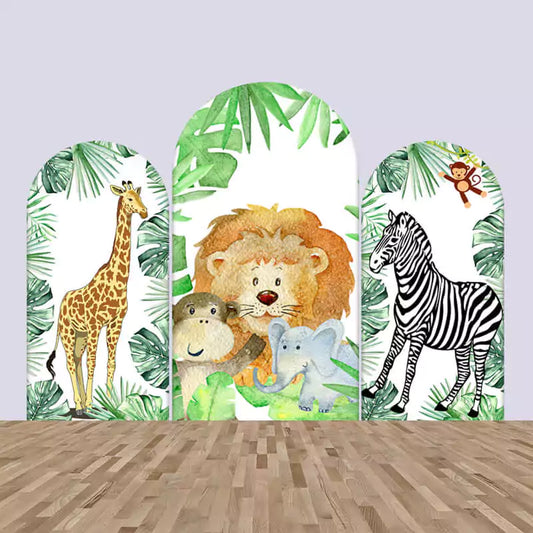 Three-panel jungle safari arch backdrops featuring a lion, elephant, giraffe, zebra, monkey, and tropical leaves in a watercolor design.