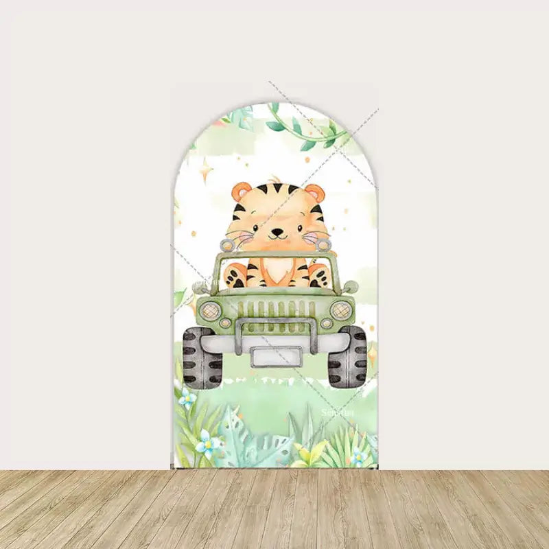 Left panel featuring a tiger driving a jeep through a jungle scene, perfect for adding a playful safari vibe to your decor.