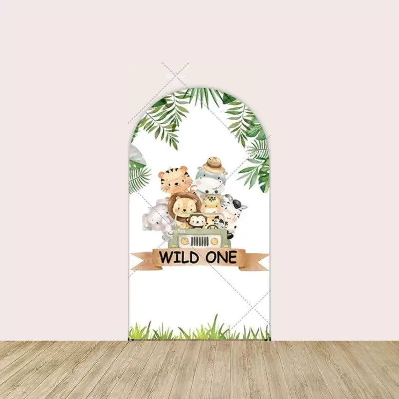 “Wild One” safari-themed arched backdrop featuring jungle animals in a jeep with green foliage and a jungle setting.