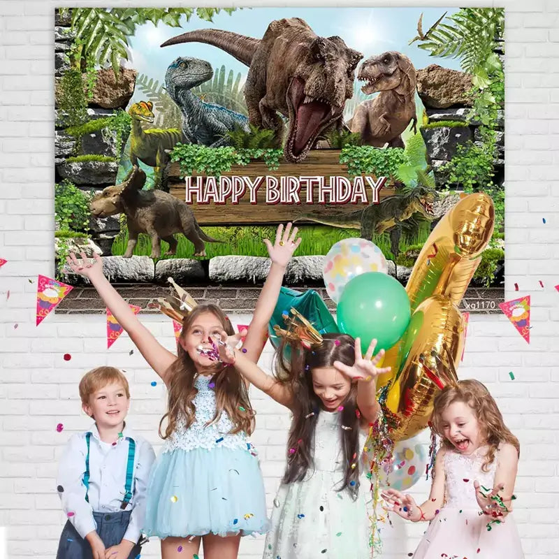 Jurassic-style birthday backdrop featuring roaring dinosaurs and lush greenery – perfect for dinosaur birthday party photos and dessert table display