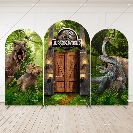 Three-panel Jurassic World arch backdrop set featuring a roaring T-Rex, Triceratops, and the iconic Jurassic Park entrance with lush green jungle backdrop.