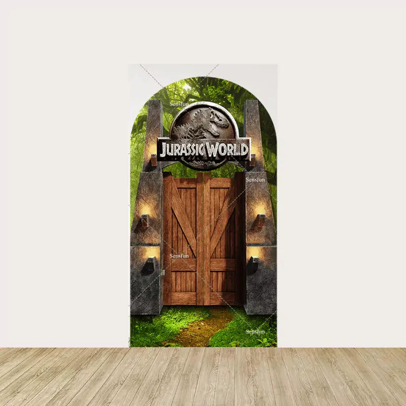 Center panel showcasing the iconic Jurassic Park entrance gates with lush foliage and a pathway leading to the jungle—ideal for dinosaur-themed celebrations.