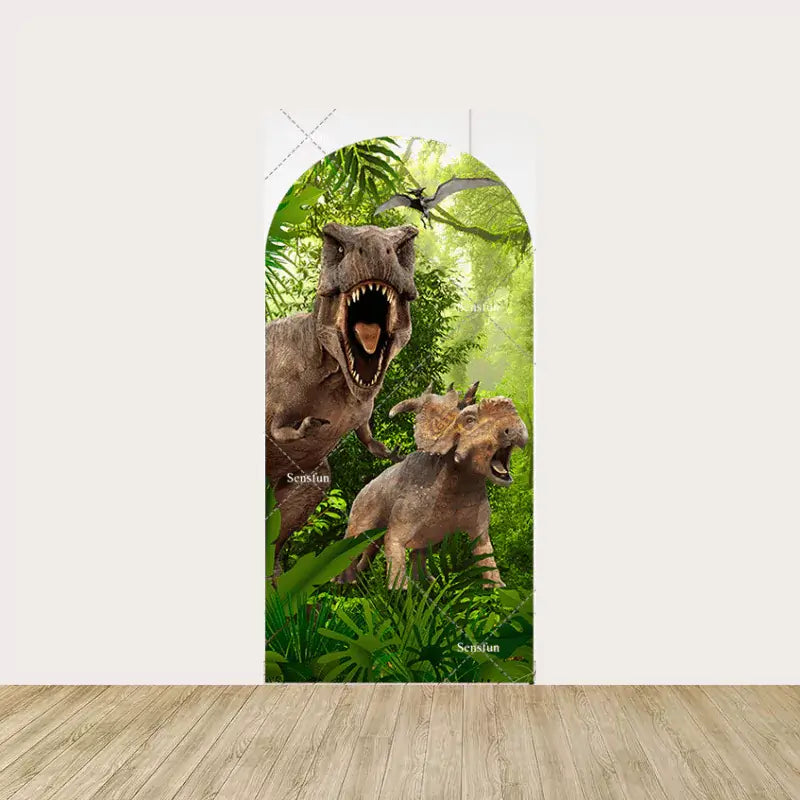 Left panel featuring a roaring T-Rex dinosaur amidst dense green jungle—perfect for Jurassic World or dinosaur-themed party setups.