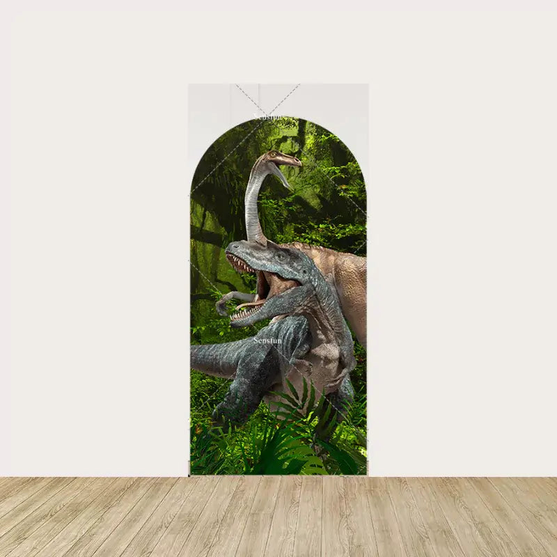 Right panel featuring a Triceratops dinosaur in a jungle setting, perfect for Jurassic World parties or kids' dinosaur-themed events.