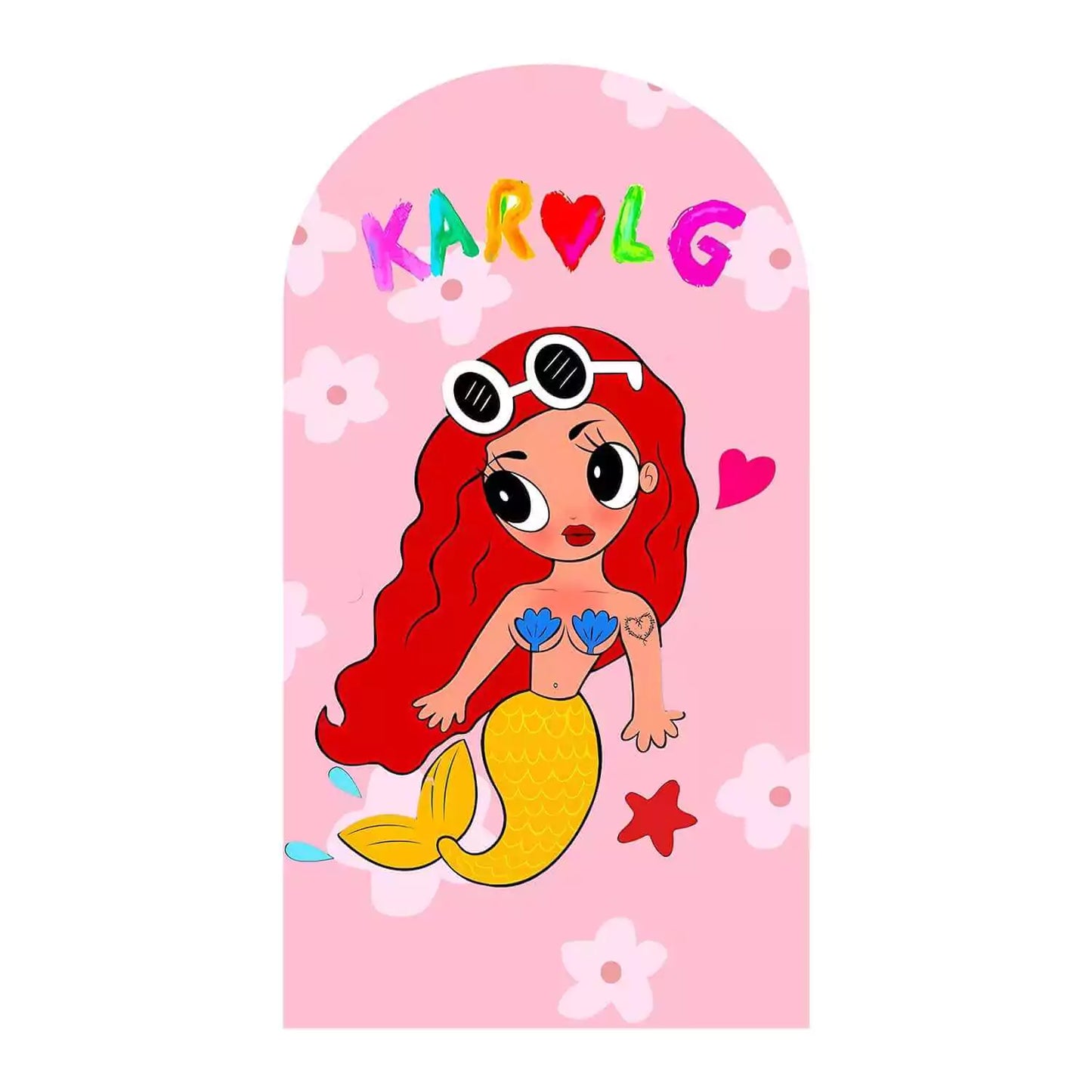 Left arch panel with mermaid and “Karol G” rainbow text on a pink floral background.
