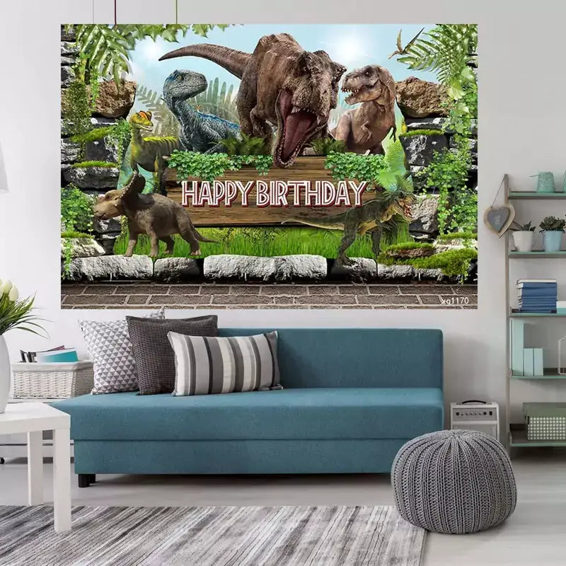 Realistic dinosaur birthday party banner with T-Rex, Triceratops, and raptors in a forest scene – bold and fun backdrop for dino-loving kids