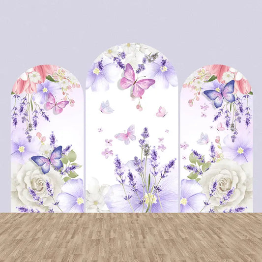 Three-panel arch backdrop featuring pastel butterflies and soft purple, pink, and white floral illustrations, ideal for spring or feminine-themed events.