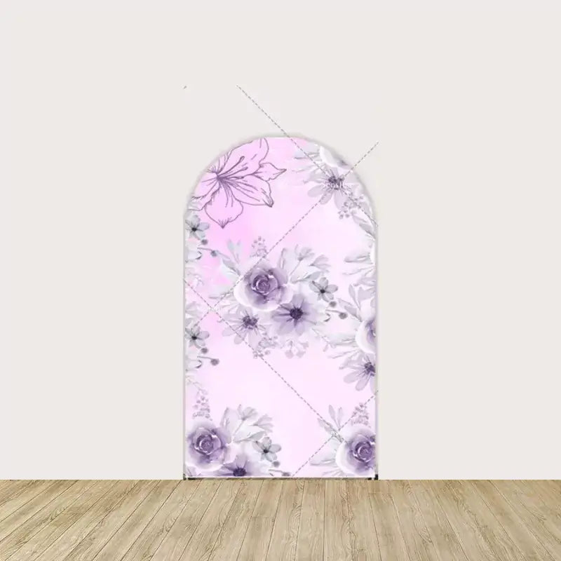 Arch panel with light pink background and soft purple flowers—romantic floral design for Quinceañera party themes or decor.