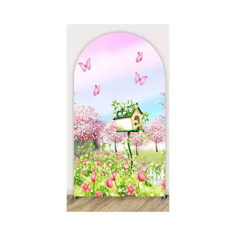 Left panel with pink tulips, butterflies, and a decorative birdhouse among cherry blossoms.
